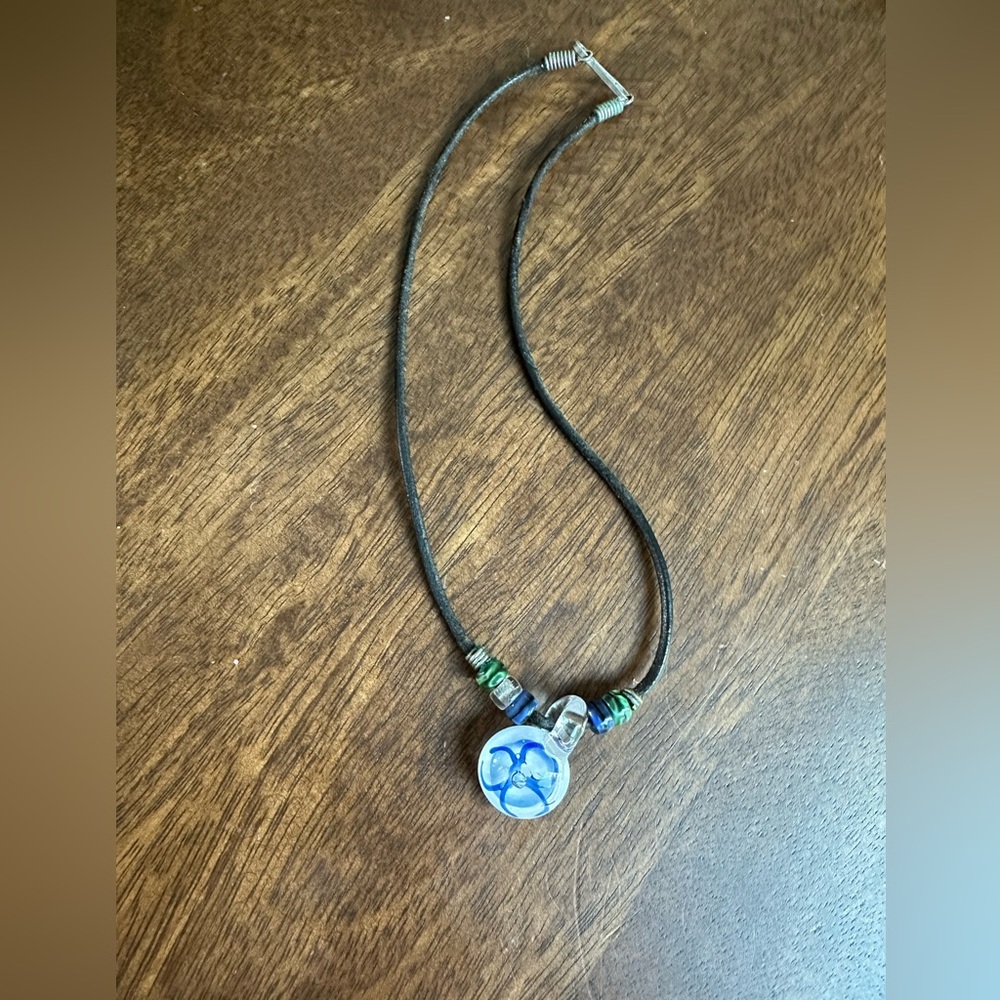 Artisan Black Choker Necklace Blue Design Clear Glass Bead Statement Jewelry